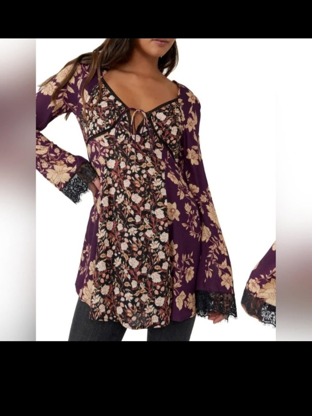 FREE PEOPLE Odette Floral Long Sleeve Tunic Mino Dress New Large - Picture 2 of 11